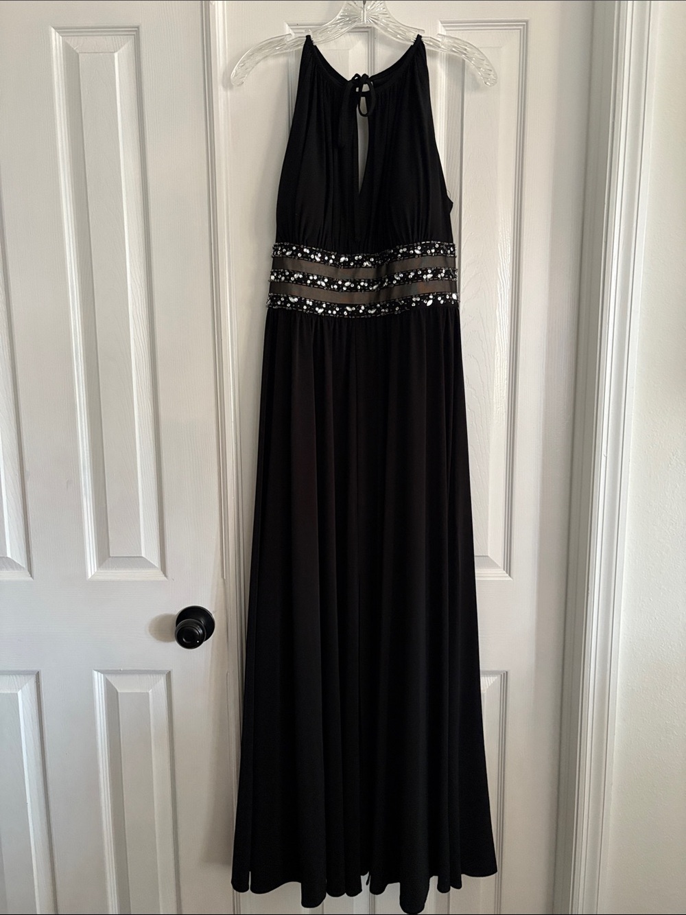 R&M Richards black Beaded Waist Halter Evening formal Maxi Dress Women’s 14